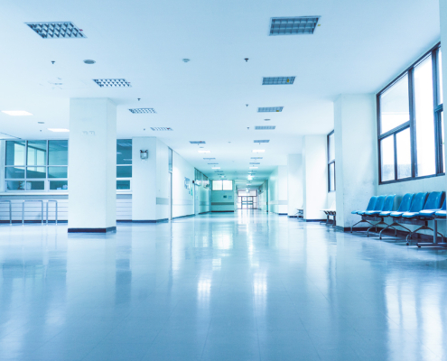 Front view of a hospital hallway